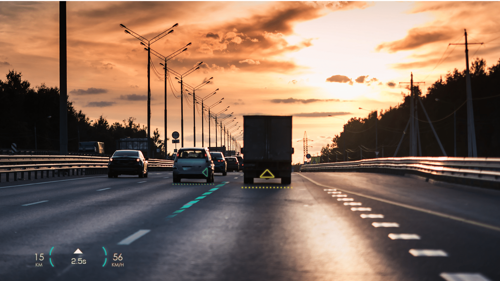 The image shows a view of a highway from the perspective of a vehicle's driver, overlaid with a heads-up display (HUD). 