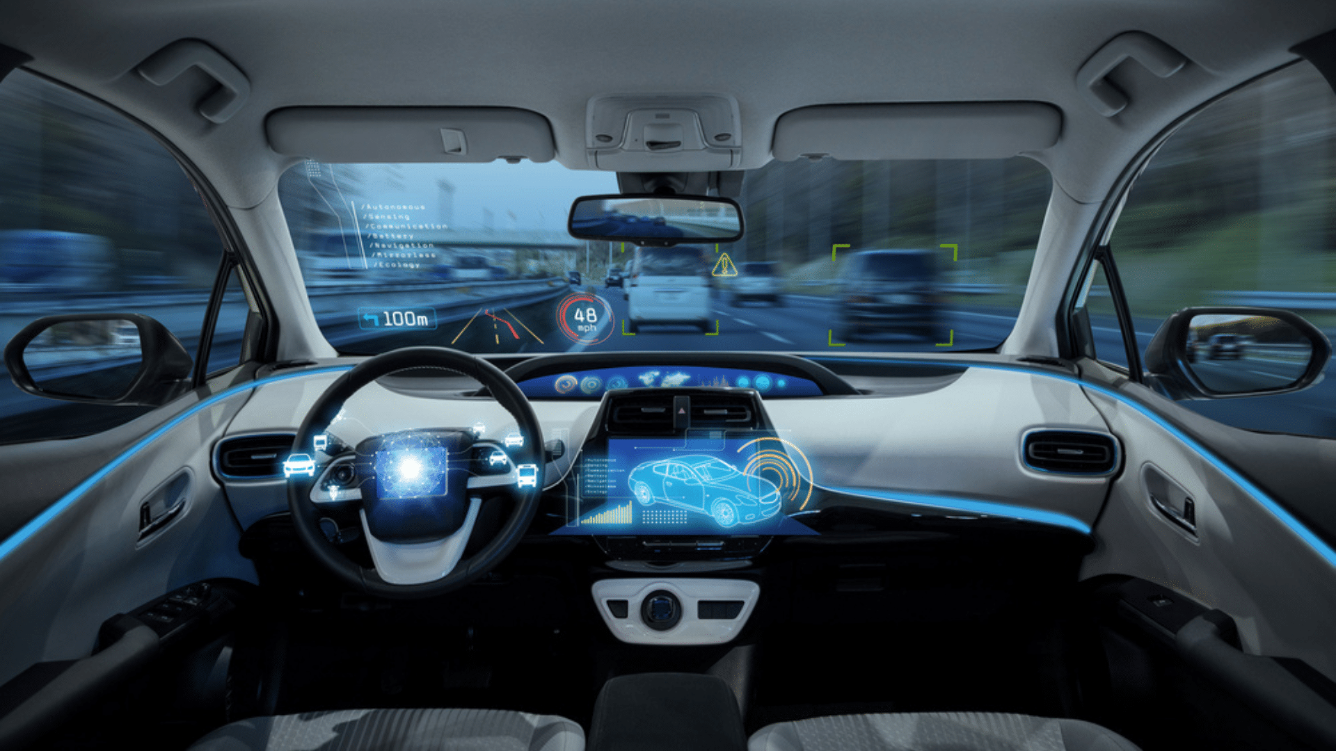 Empty Cockpit of Vehicle, HUD and Digital Speedometer