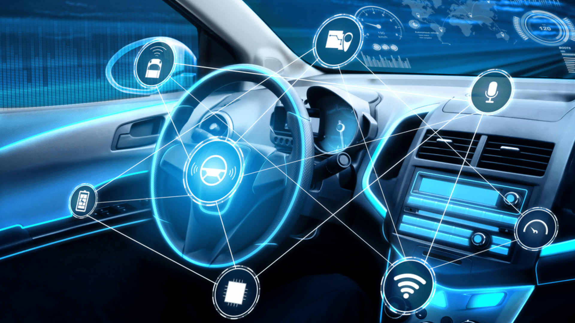 在車內視野中的智慧座艙系統，包含HUD使用AI技術