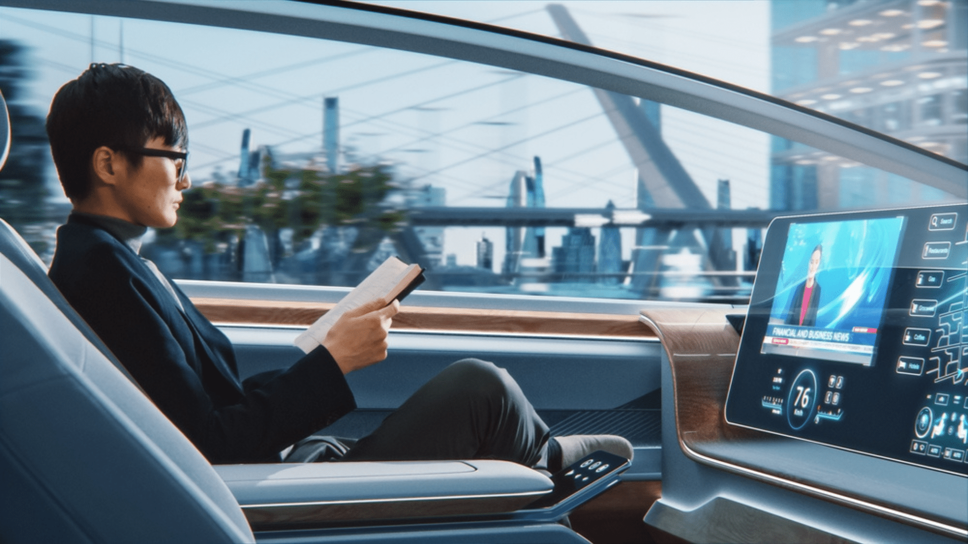 Young Man Reading a Book in an Autonomous Car