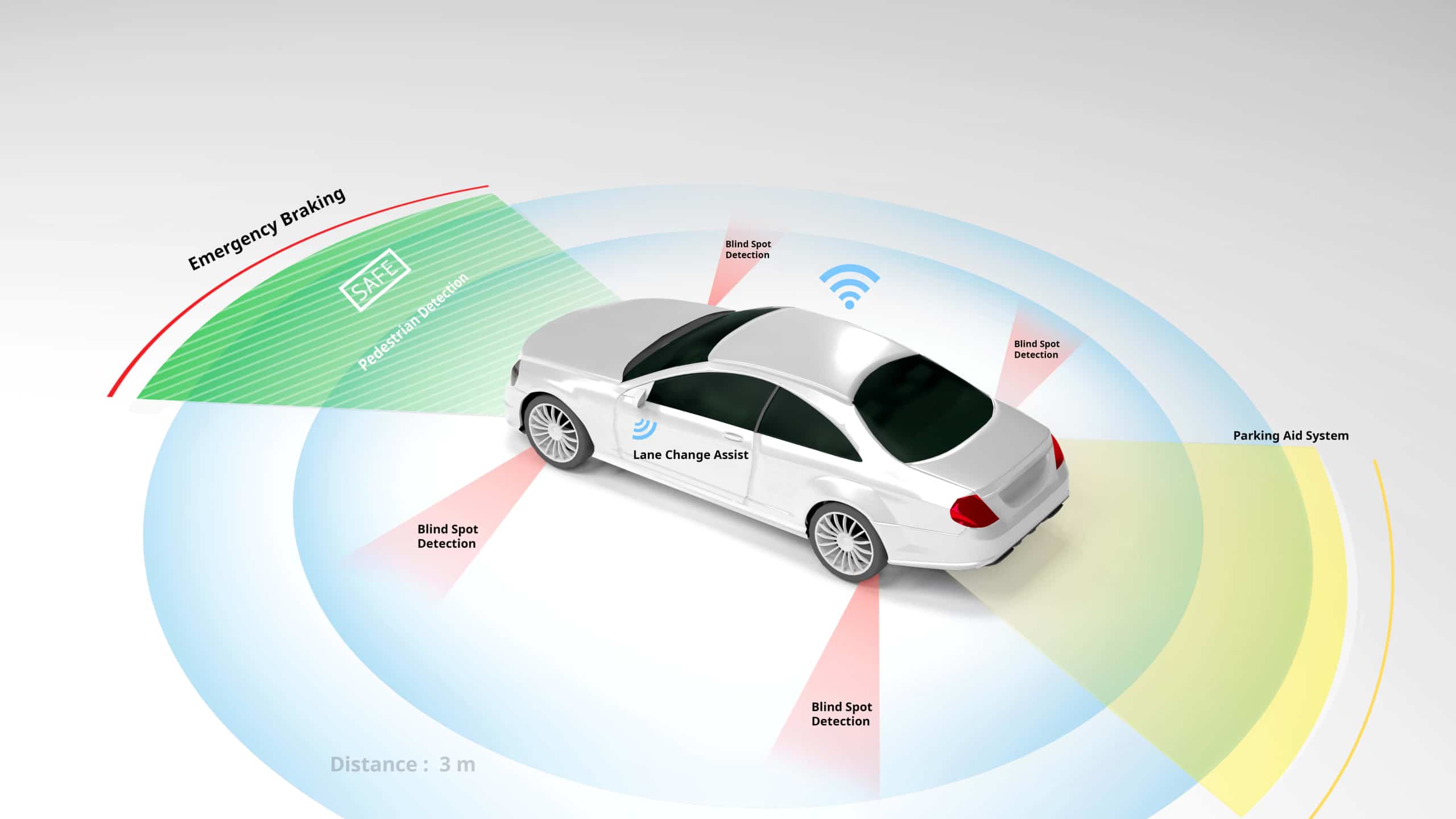 Electric Car Showing Lidar, Radar Safety Sensors