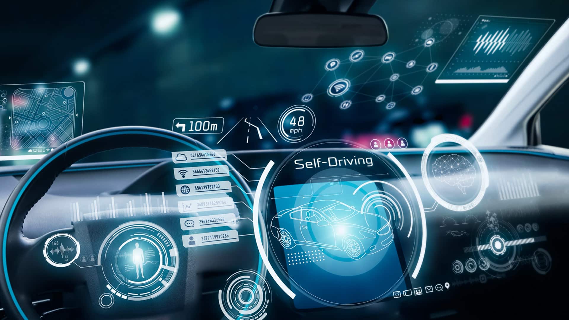 Interior view of a self-driving car with a detailed ADAS interface on the windshield. The dashboard displays speed, navigation, and vehicle status, while the windshield projects interactive graphics for autonomous driving functions, such as adaptive cruise control and lane-keeping assistance.