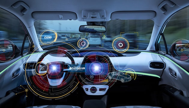 Futuristic car cockpit. Autonomous car. Driverless vehicle. HUD (Head-up display). GUI(Graphical User Interface). IoT(Internet of Things).