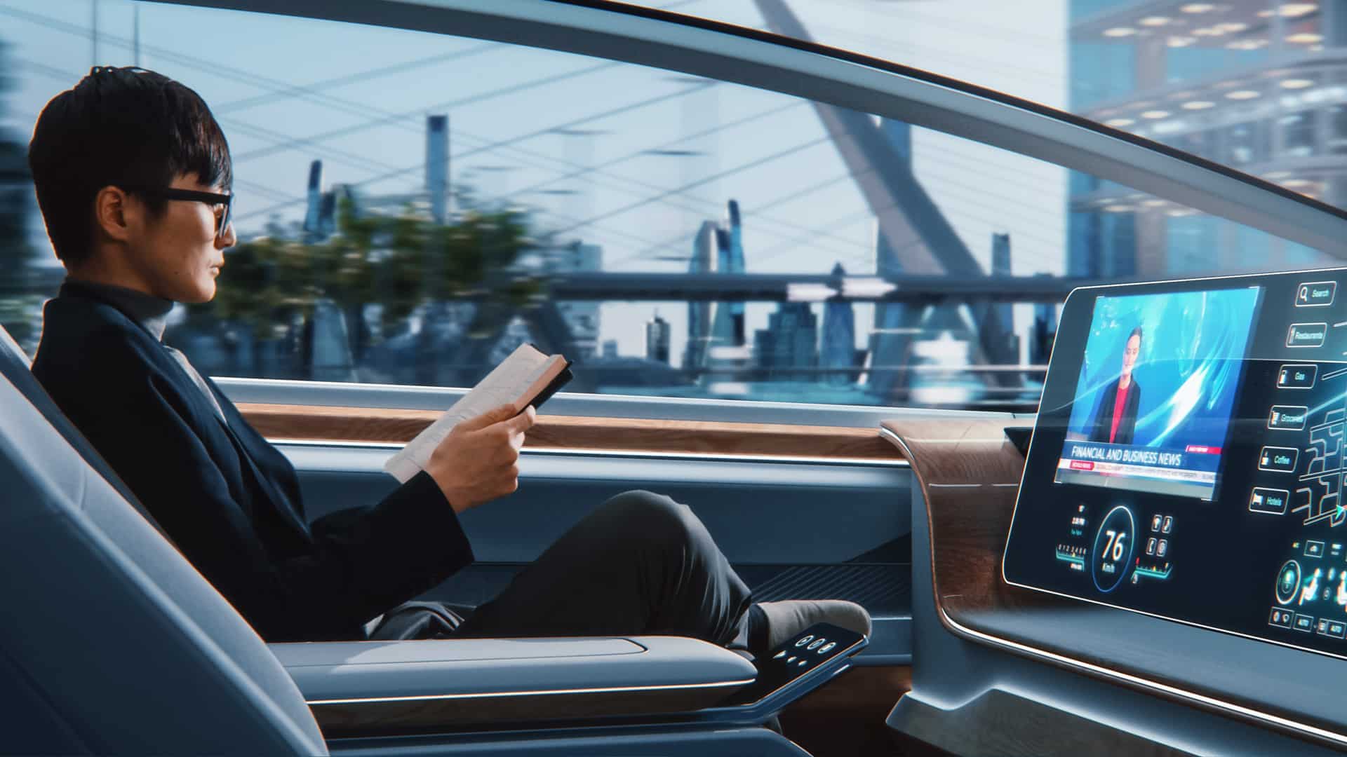 Young Man Reading a Book in an Autonomous Car