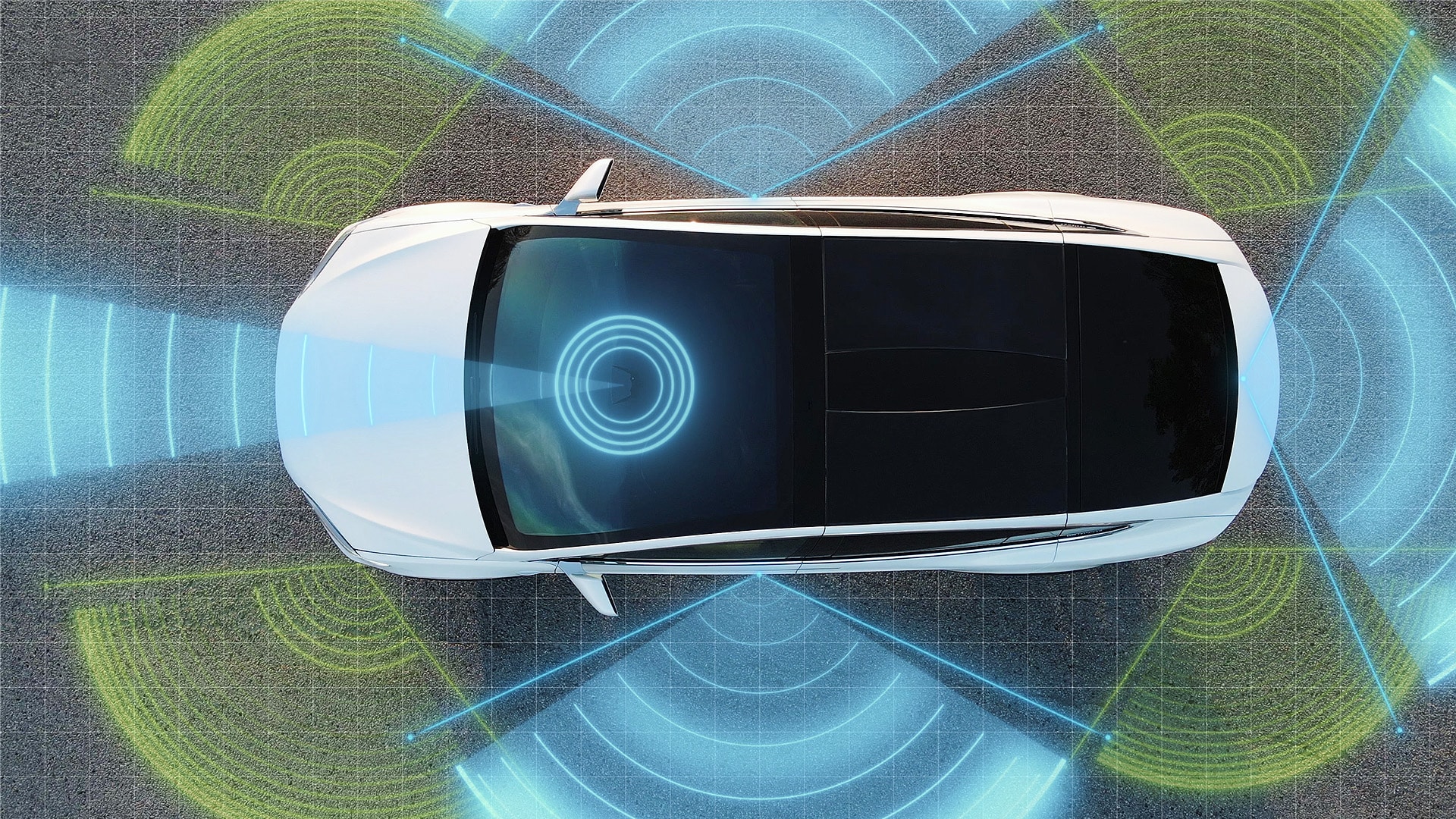 Top-down view of a white autonomous vehicle using lidar and radar technology