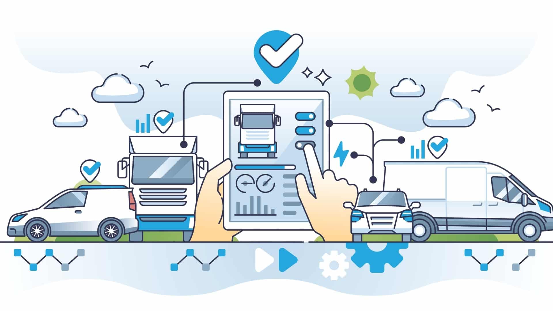 Fleet management system or FMS as logistic trucks software outline concept. Company car, trailer or freight control with digital application vector