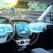 a futuristic car interior with advanced autonomous driving technology