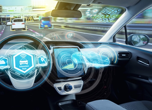 a futuristic car interior with advanced autonomous driving technology