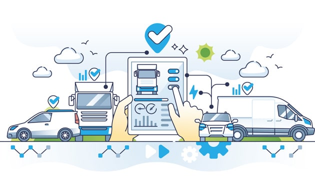 Fleet management system or FMS as logistic trucks software outline concept. Company car, trailer or freight control with digital application vector