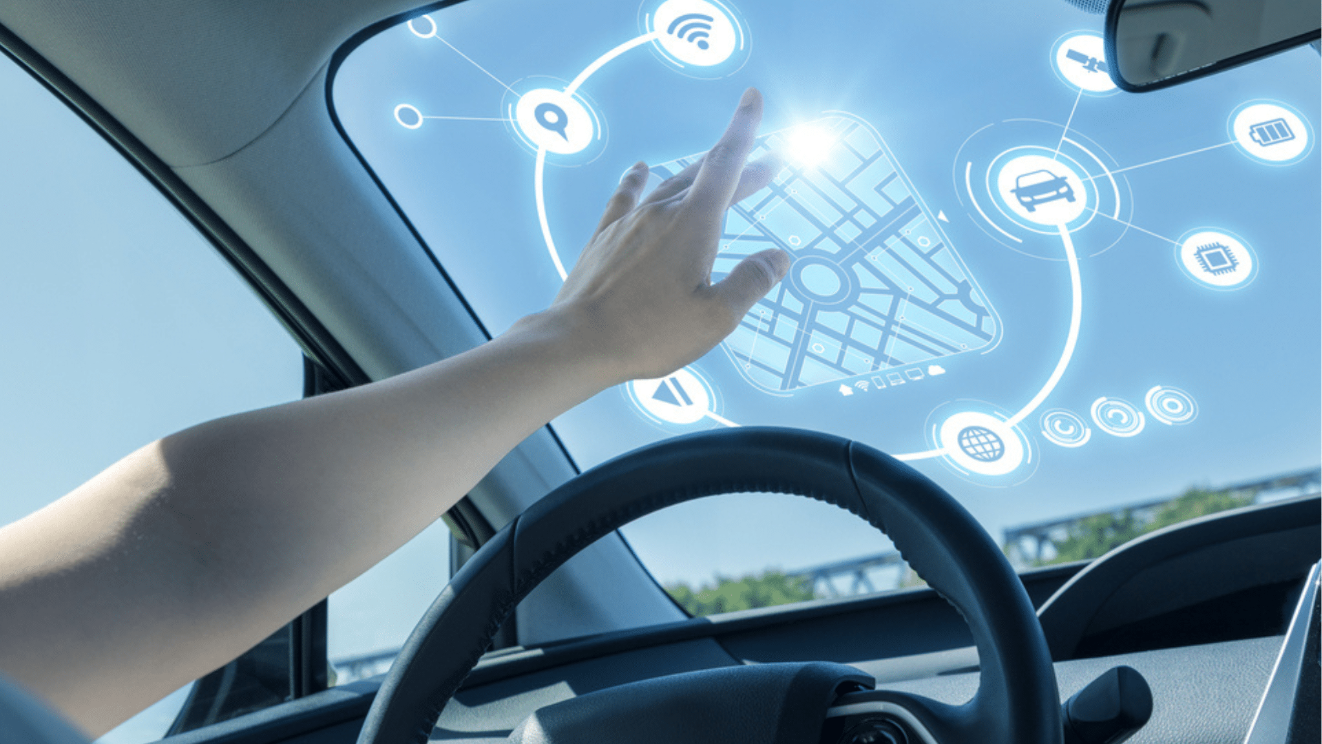 heads up display of vehicle. touch screen of car front glass. automotive technology.