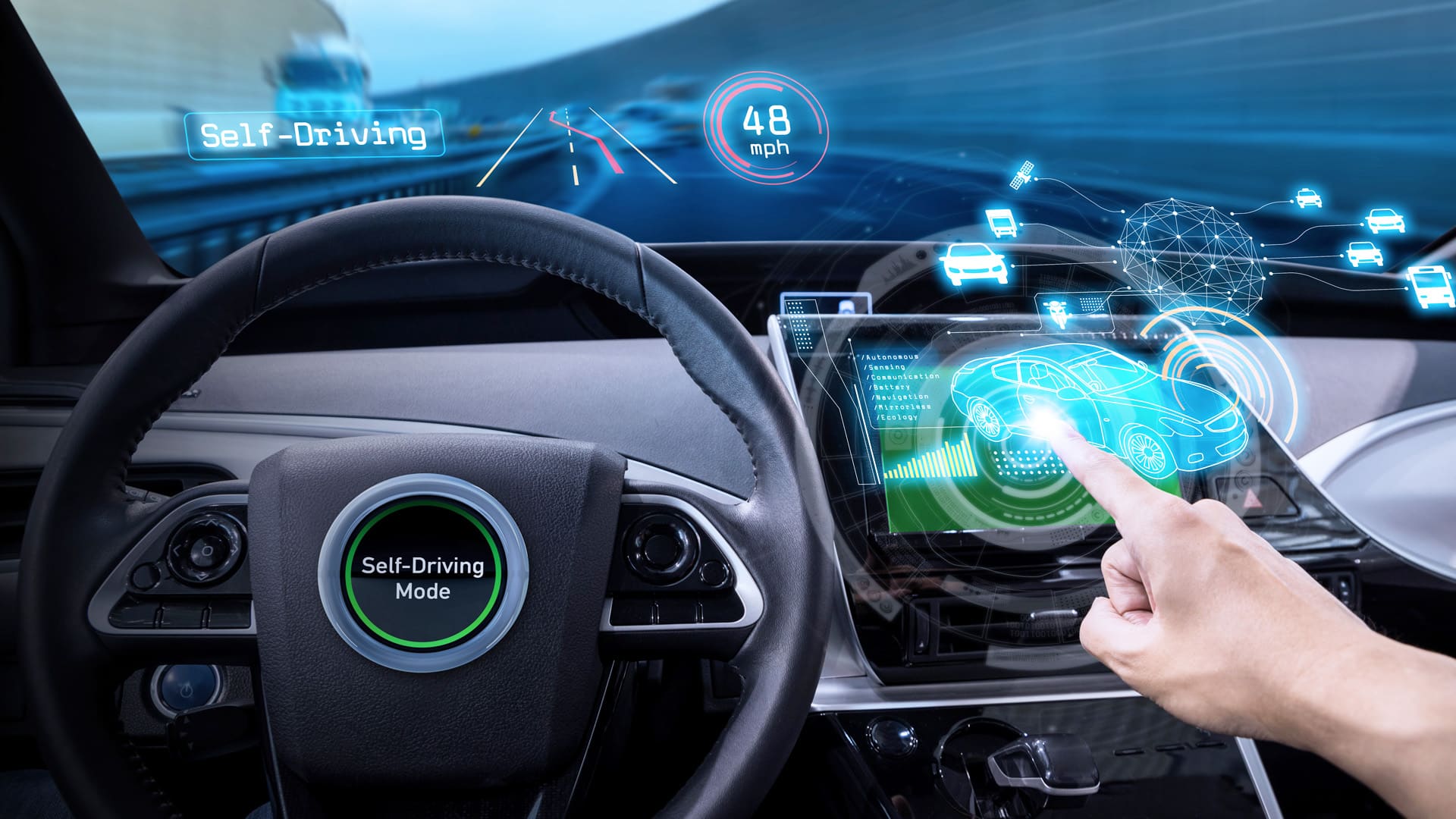 vehicle cockpit and screen, car electronics, automotive technology, autonomous car, abstract image visual
