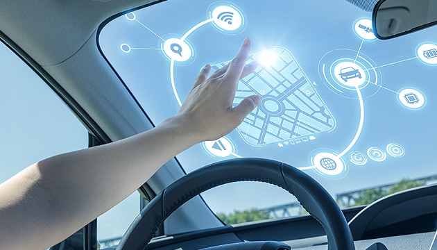 heads up display of vehicle. touch screen of car front glass. automotive technology.